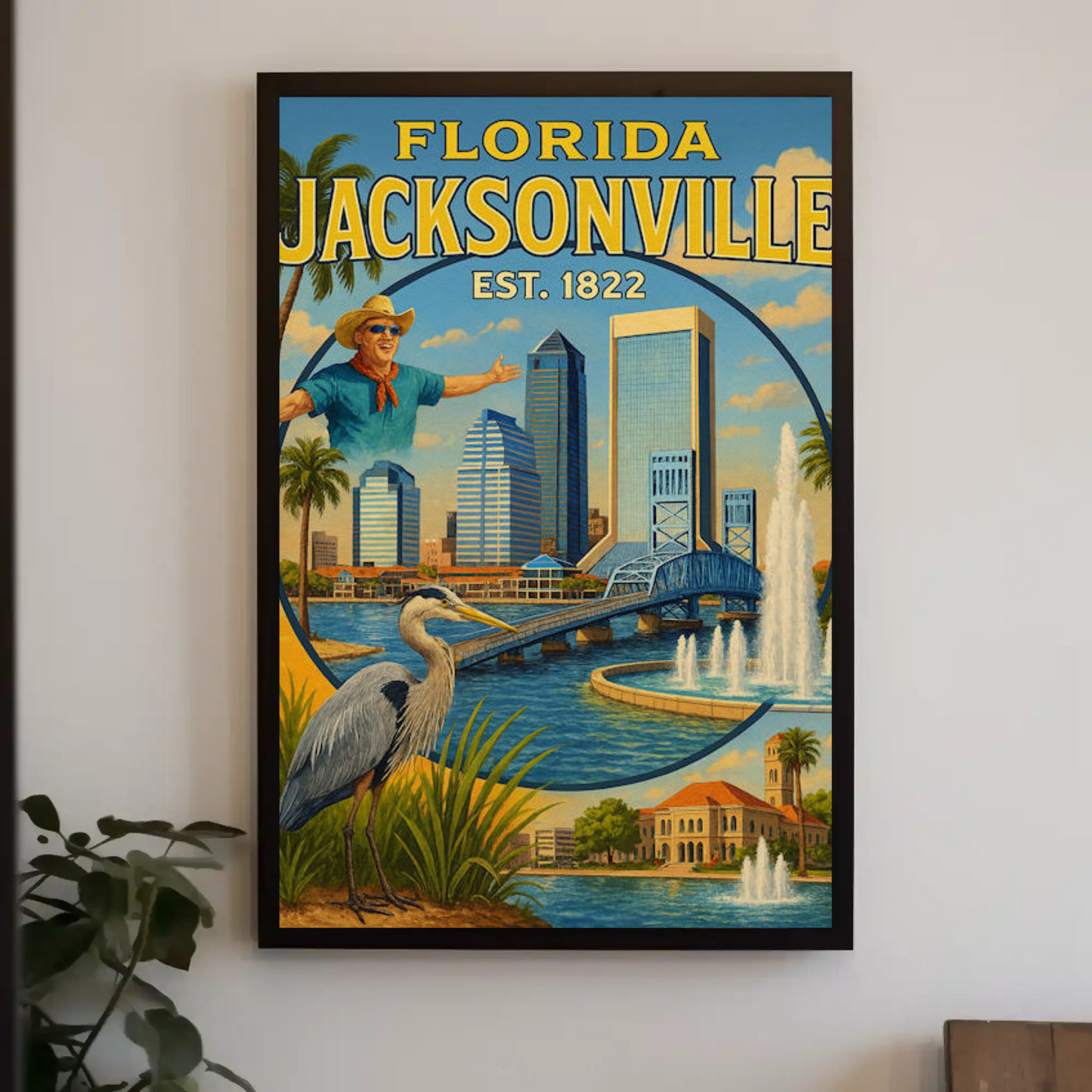 Jacksonville Florida Fishing Bridge Skyline Travel Poster
