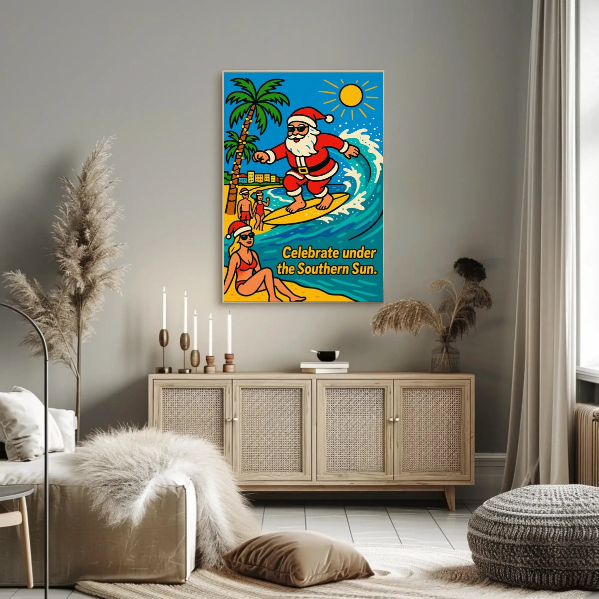 Surfing Santa Vintage Southern Sun Coastal Holiday Nostalgia Seaside Retro Beach Poster