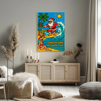 Surfing Santa Vintage Southern Sun Coastal Holiday Nostalgia Seaside Retro Beach Poster