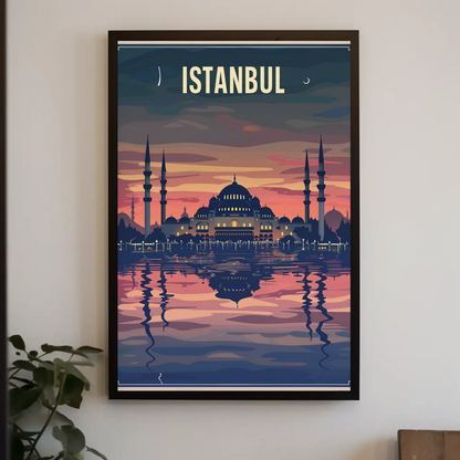 Istanbul Mosque Reflections Golden Twilight Water Travel Poster
