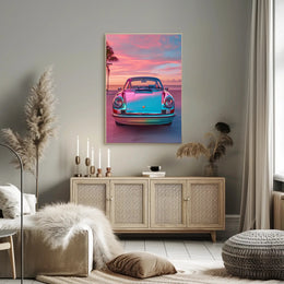 Vintage Car at Sunset Art Print Poster PosterGoat