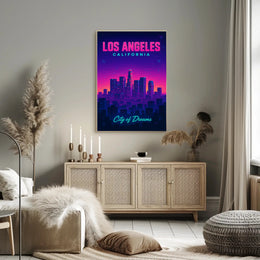 Neon Los Angeles Skyline Retro-Futuristic Urban or Cityscape Poster