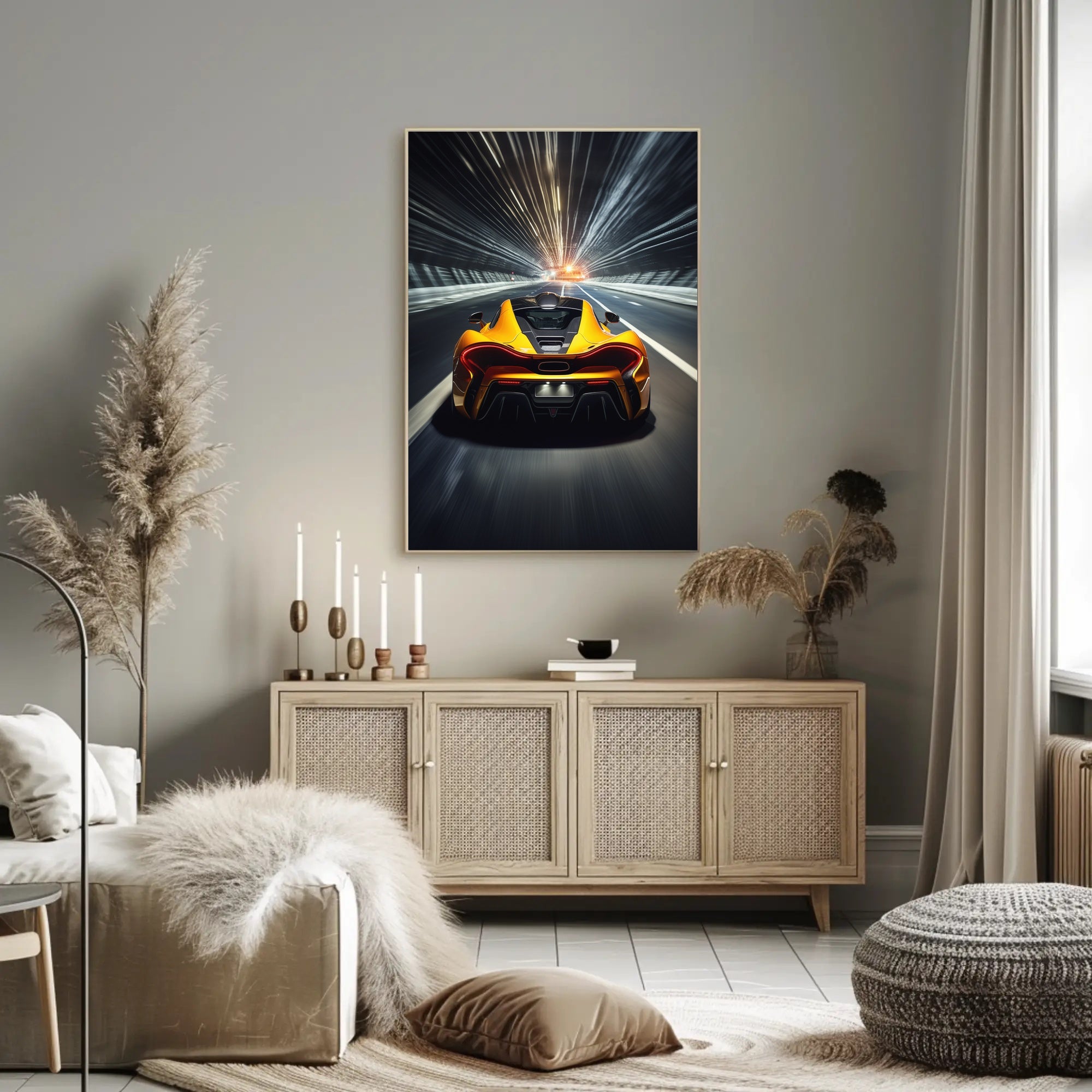 Sleek Modern Sports Car in Tunnel Futuristic Sci-Fi Poster