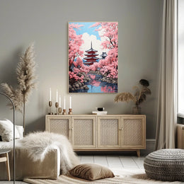 Japanese Pagoda with Cherry Blossoms Cultural Poster