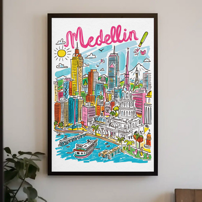 Medellin Colombia Colorful Cityscape and Mountains Travel Poster