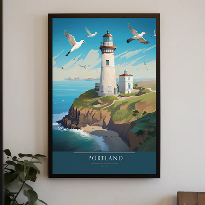 Portland Coastal Lighthouse and Seagulls Travel Poster