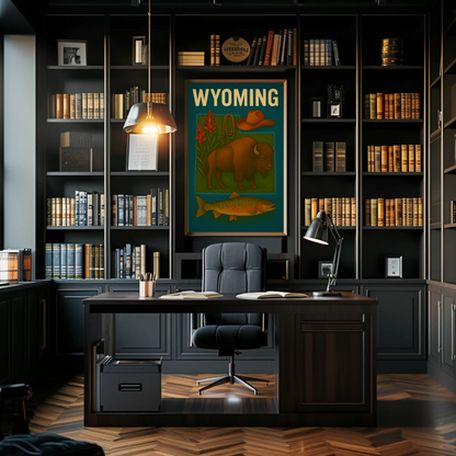 Wyoming Bison Fish Rope Hat Nature Vintage Travel Poster