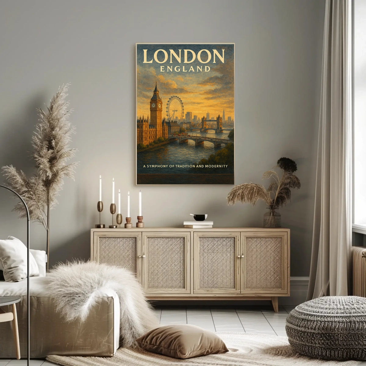 London Landmarks Vintage Poster: Big Ben, Eye, Bridge