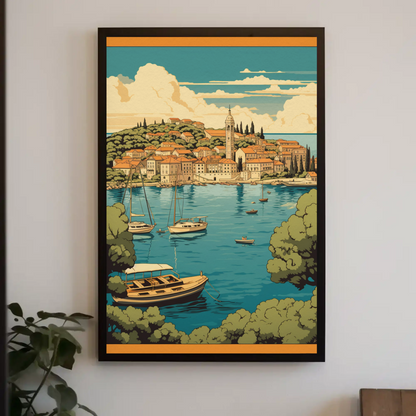 Coastal Mediterranean Village Boats Scenic Bay Travel Poster
