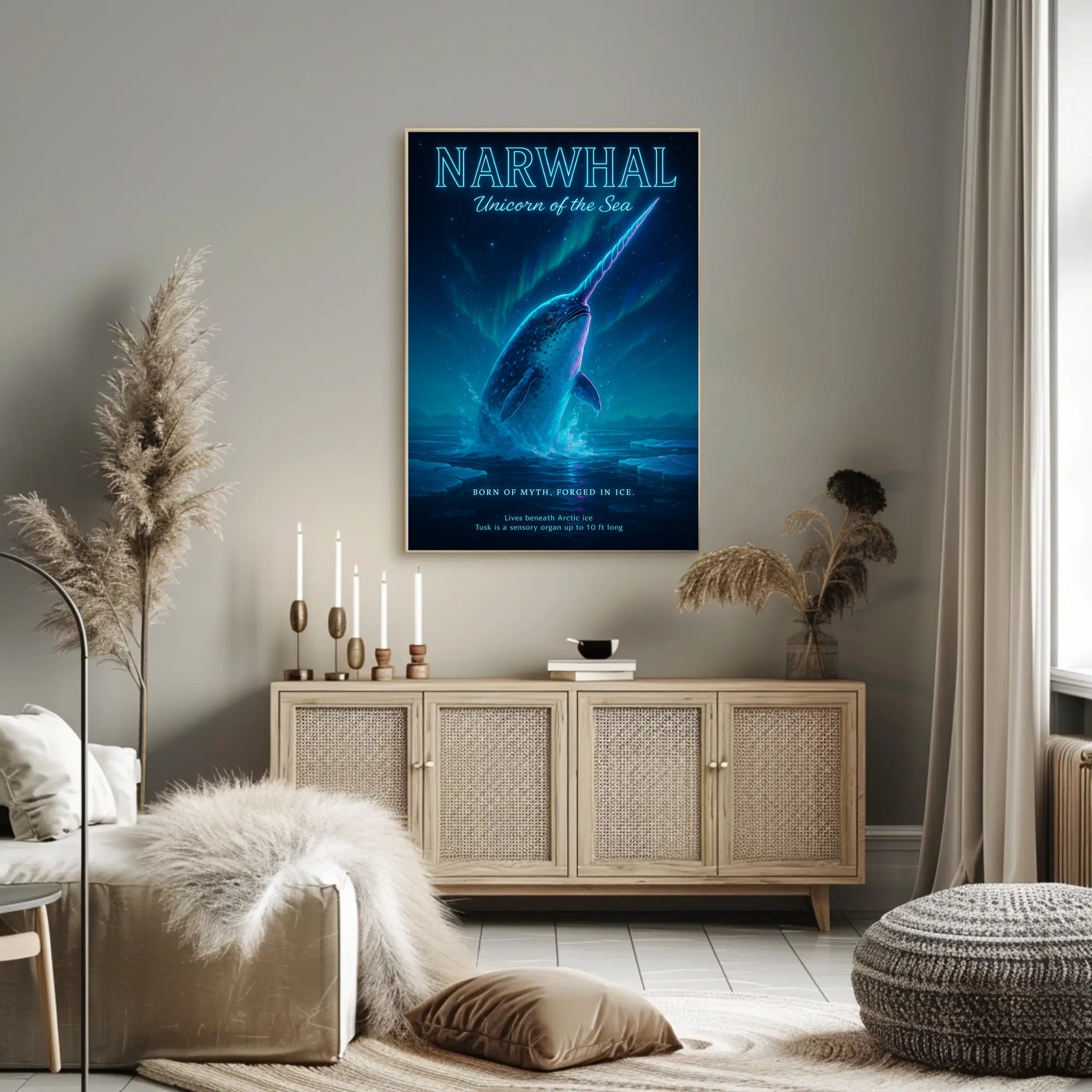 Narwhal Beneath Northern Lights Fantasy or Mythology Poster