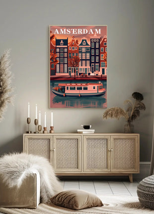 Amsterdam Canal Houses: Warm Scenic Travel Poster