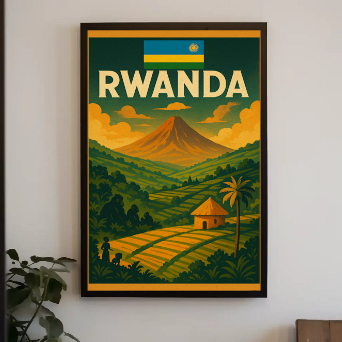 Rwanda Flag and Fields Sunset Travel Poster