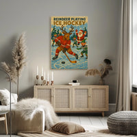 Whimsical Holiday Reindeer Playing Hockey Sports Poster