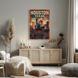 Patriotic Houston Skyline Cowboy Vintage Cityscape Poster