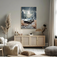 Retro Sports Car Adventure in Fantasy Landscape Futuristic Sci-Fi Poster