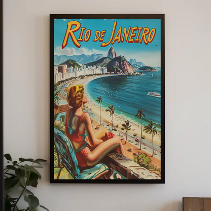 Rio Janeiro Beach View Retro Woman Vacation Travel Poster Travel Poster