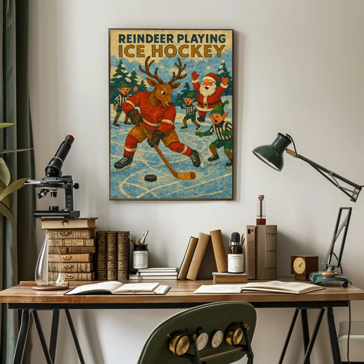 Whimsical Holiday Reindeer Playing Hockey Sports Poster
