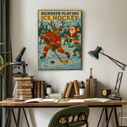 Whimsical Holiday Reindeer Playing Hockey Sports Poster