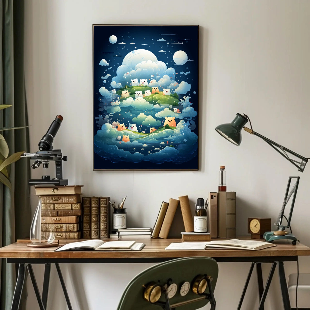 Whimsical Nightscape Poster with Dreamy Bear Creatures