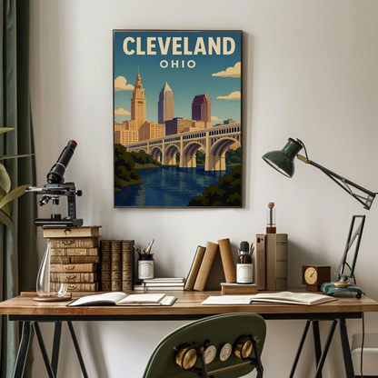 Cleveland Ohio Downtown Skyline Cuyahoga River Travel Poster