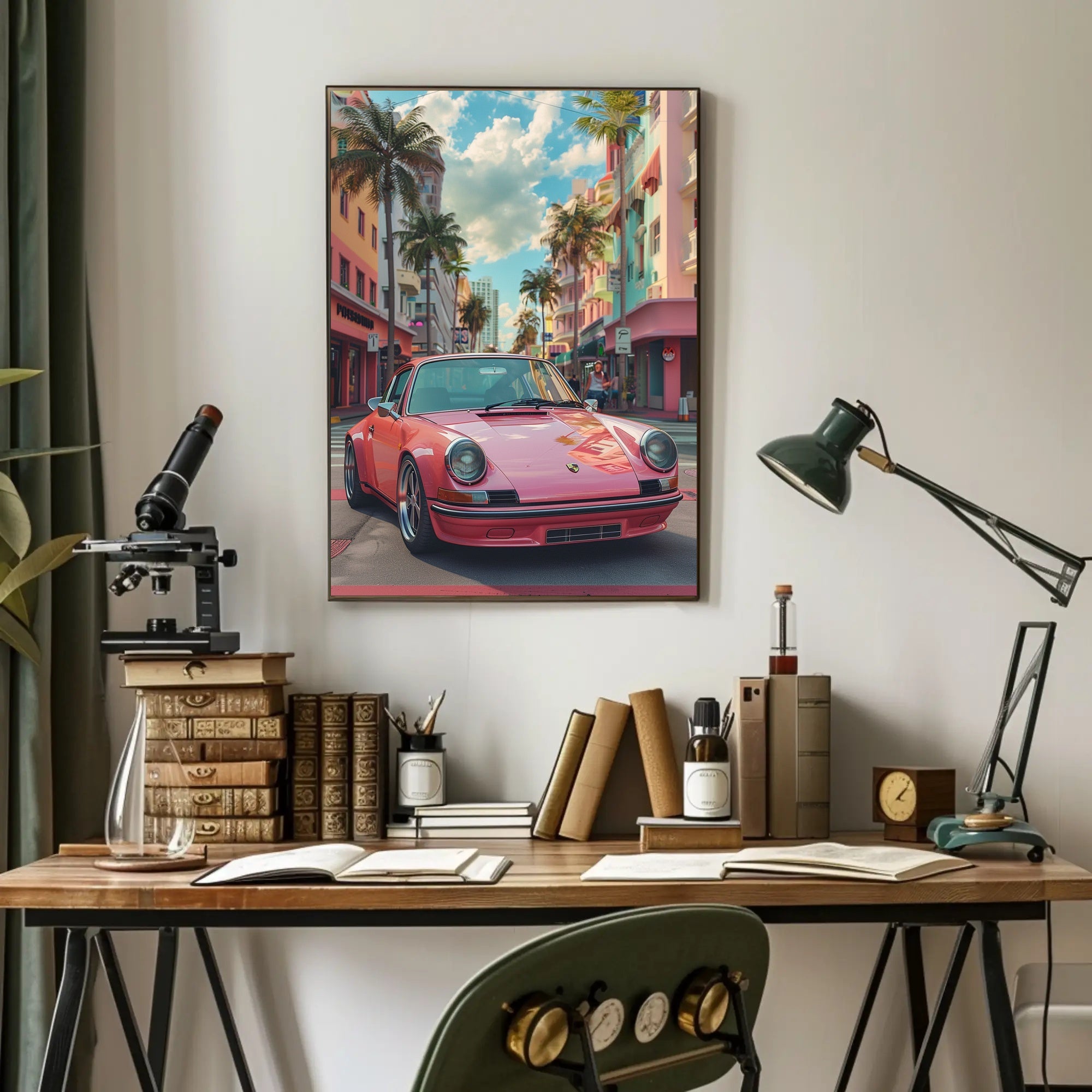 Vintage Car in Vibrant Cityscape Art Poster Print PosterGoat