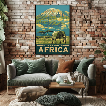 Tanzania Africa Elephant Kilimanjaro Safari Vintage Travel Poster