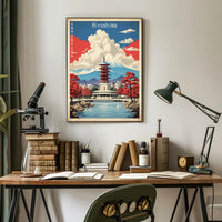 Japanese Pagoda with Red Trees Travel Poster