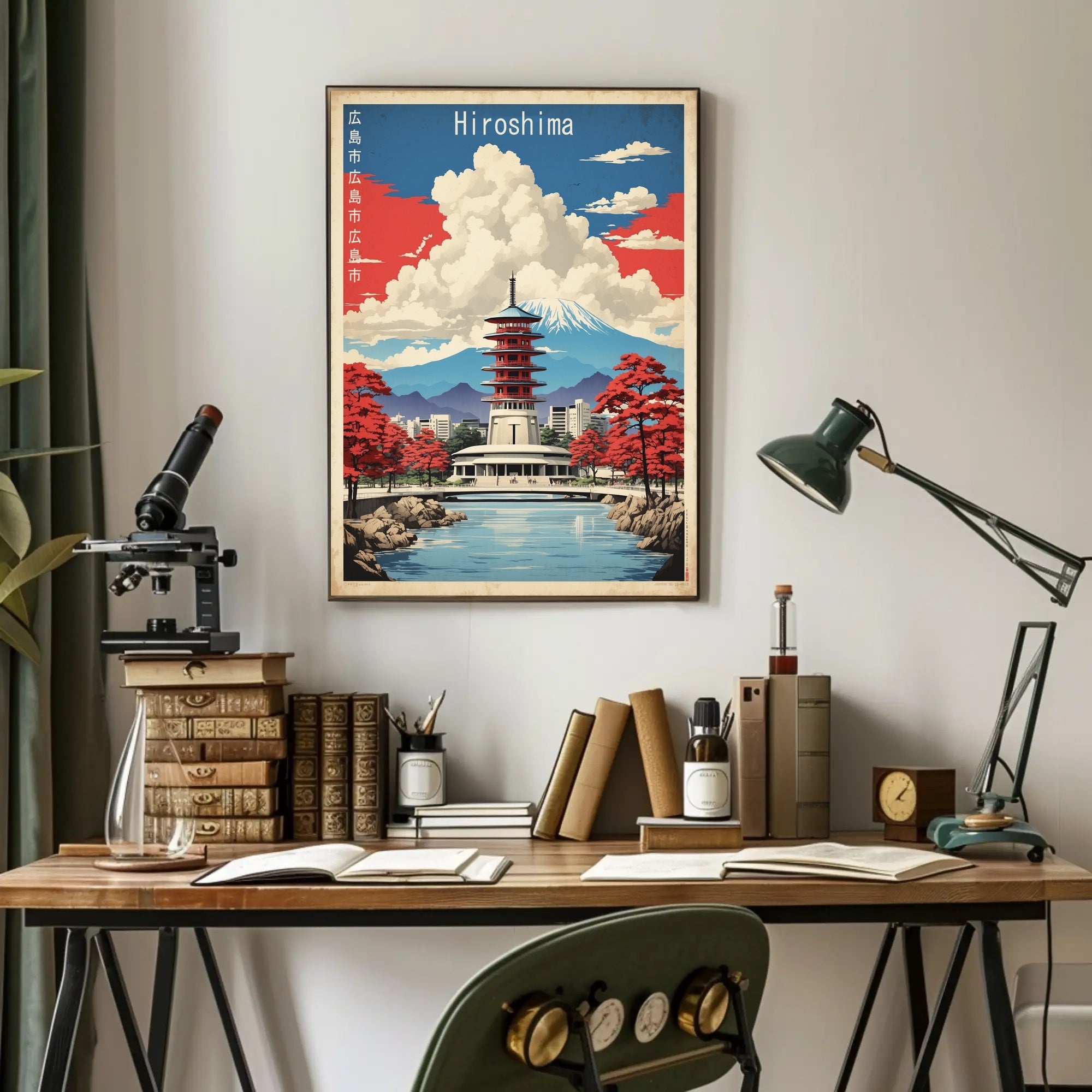 Japanese Pagoda with Red Trees Travel Poster