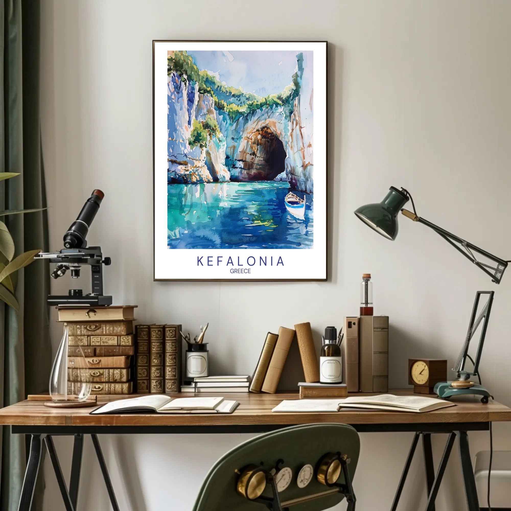 Vibrant Kefalonia Coastal Scene Watercolor - Travel Poster PosterGoat