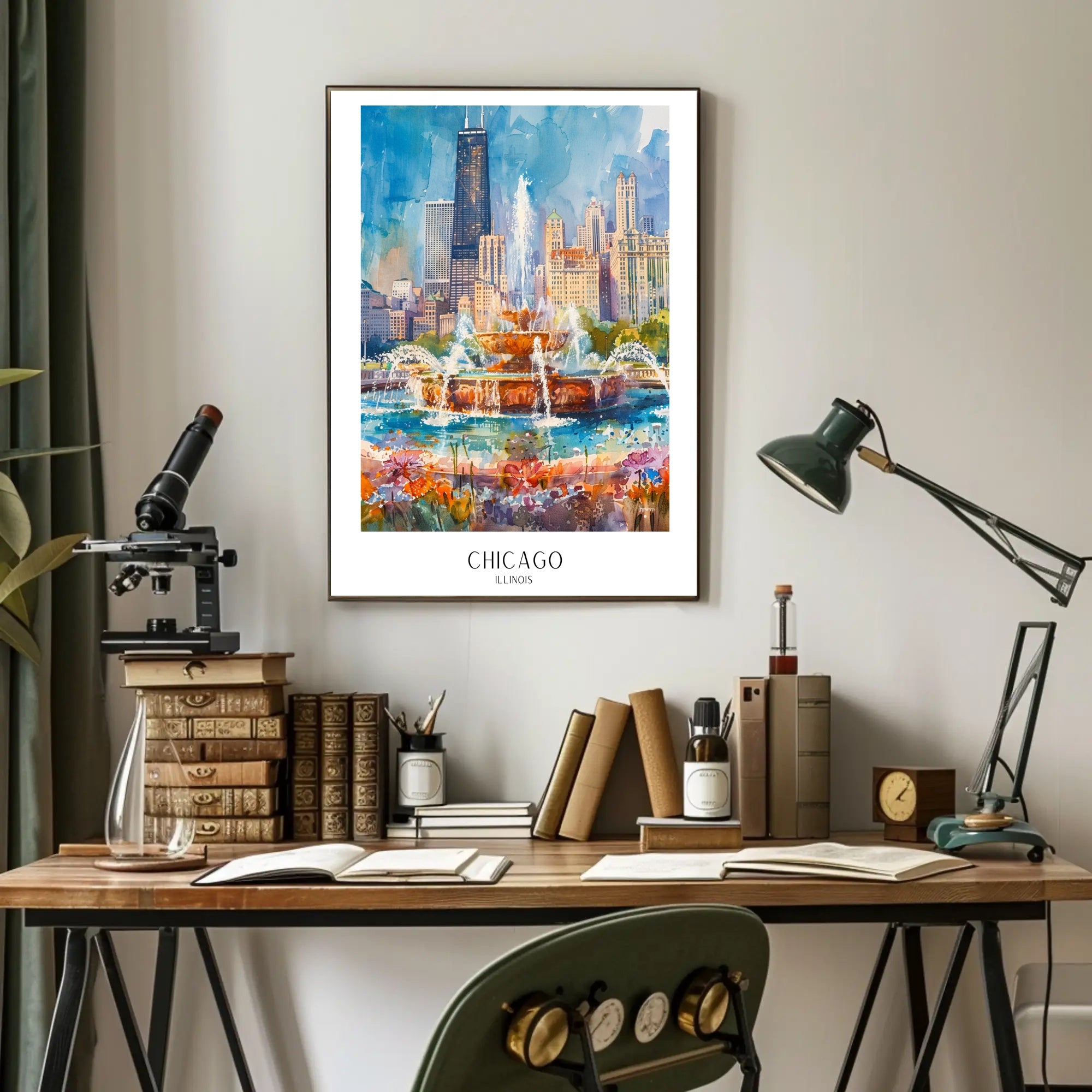 Vibrant Chicago Skyline Watercolor Urban or Cityscape Poster PosterGoat