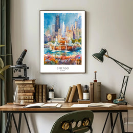Vibrant Chicago Skyline Watercolor Urban or Cityscape Poster PosterGoat