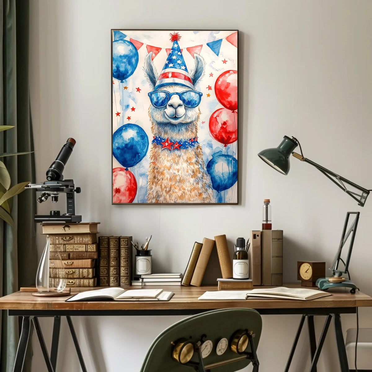Playful watercolor of a llama wearing a stars and stripes hat and sunglasses standing in front of bunting and balloons in red white and blue Poster