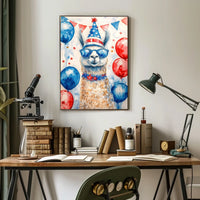 Playful watercolor of a llama wearing a stars and stripes hat and sunglasses standing in front of bunting and balloons in red white and blue Poster