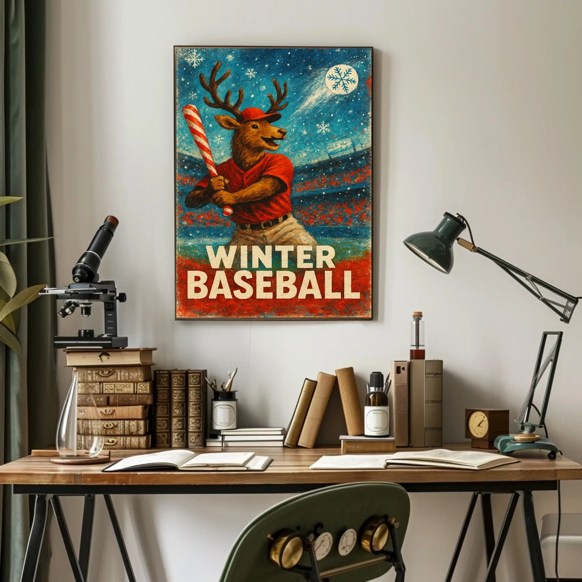 Winter Baseball Deer Poster: Festive Sports Art