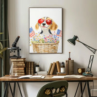 Beagle Puppy With Red Sunglasses In Flower Basket Poster