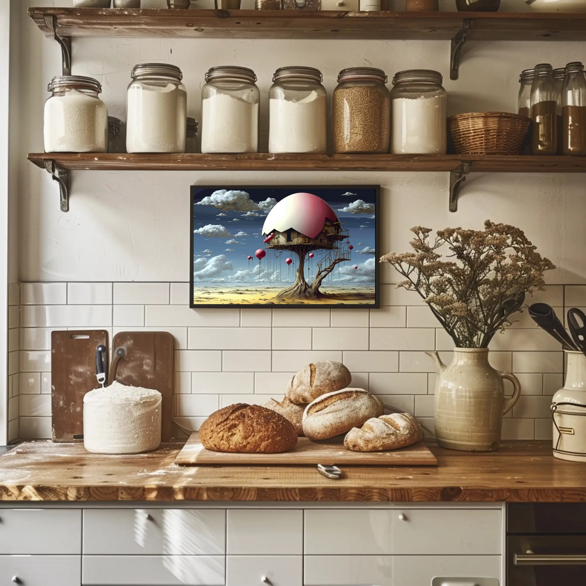 Surreal Desert House with Whimsical Balloons Artistic Poster