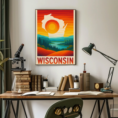 Wisconsin Sunset Nature River Forest Outline Scenic Travel Poster