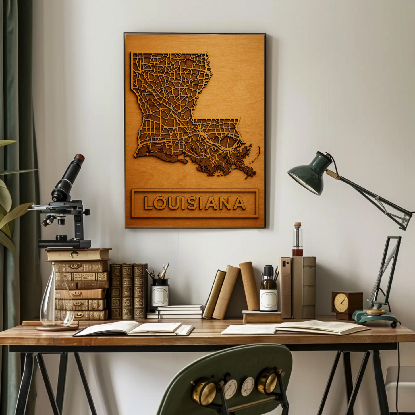 Louisiana Road Map Wood Engraved State Art Poster