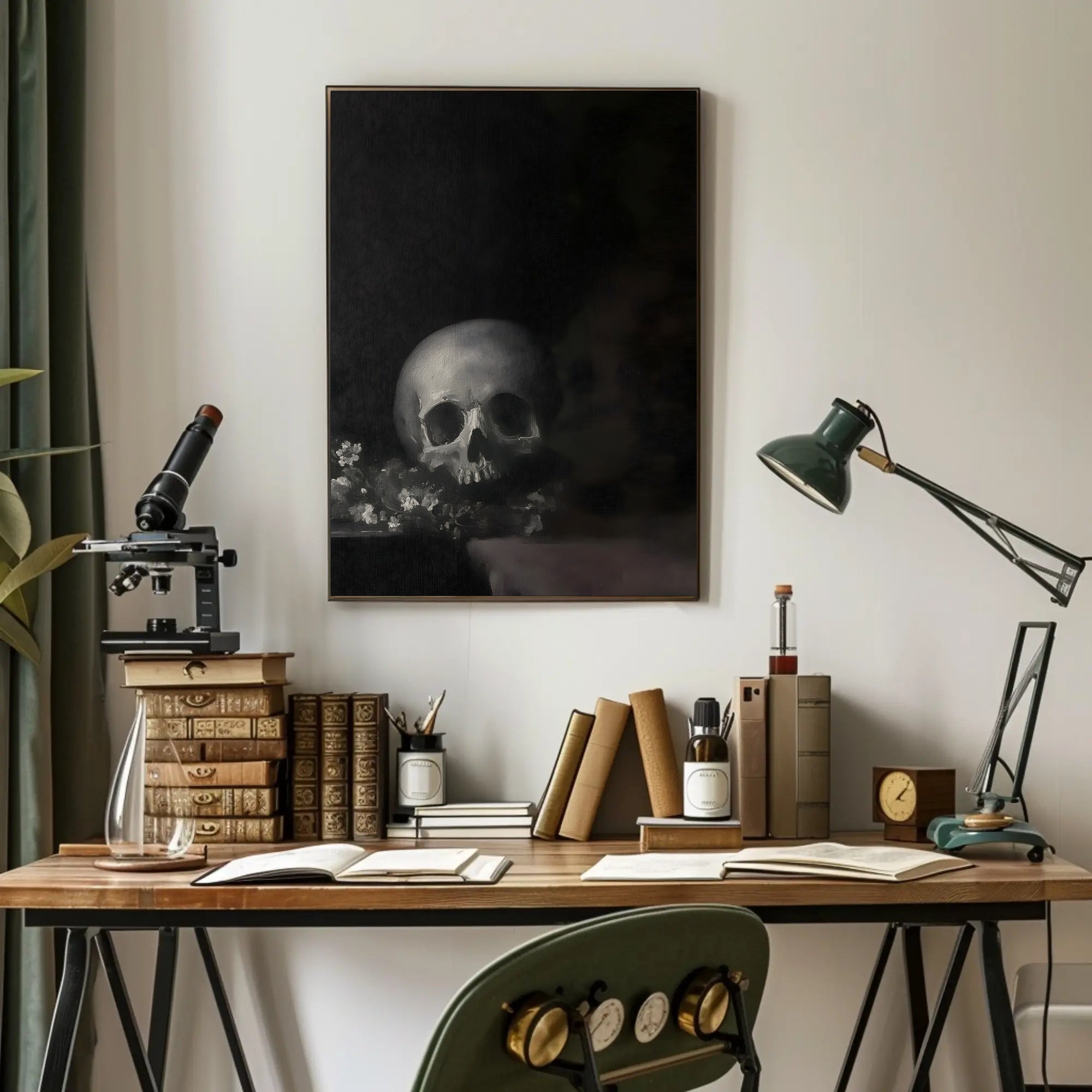 Dark Skull with Flowers: Classical Vanitas Artistic Poster PosterGoat