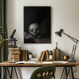 Dark Skull with Flowers: Classical Vanitas Artistic Poster PosterGoat