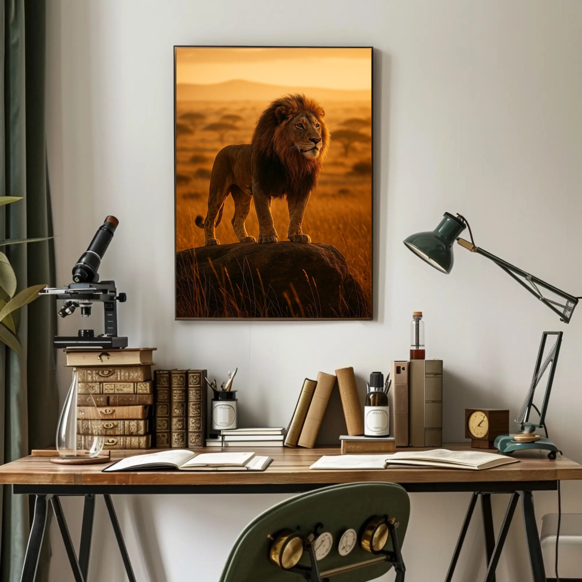 Majestic Lion in Golden Savannah Animal Poster