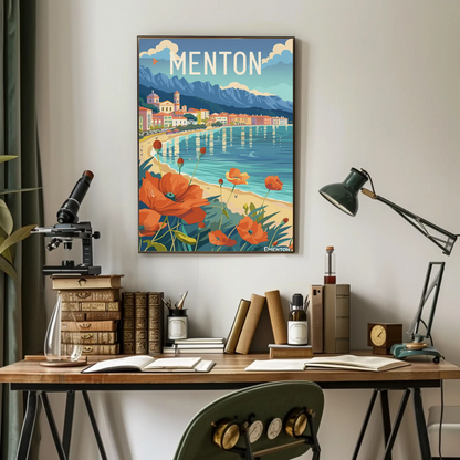 Menton France Beachfront Flowers Coastal Village Scene Travel Poster