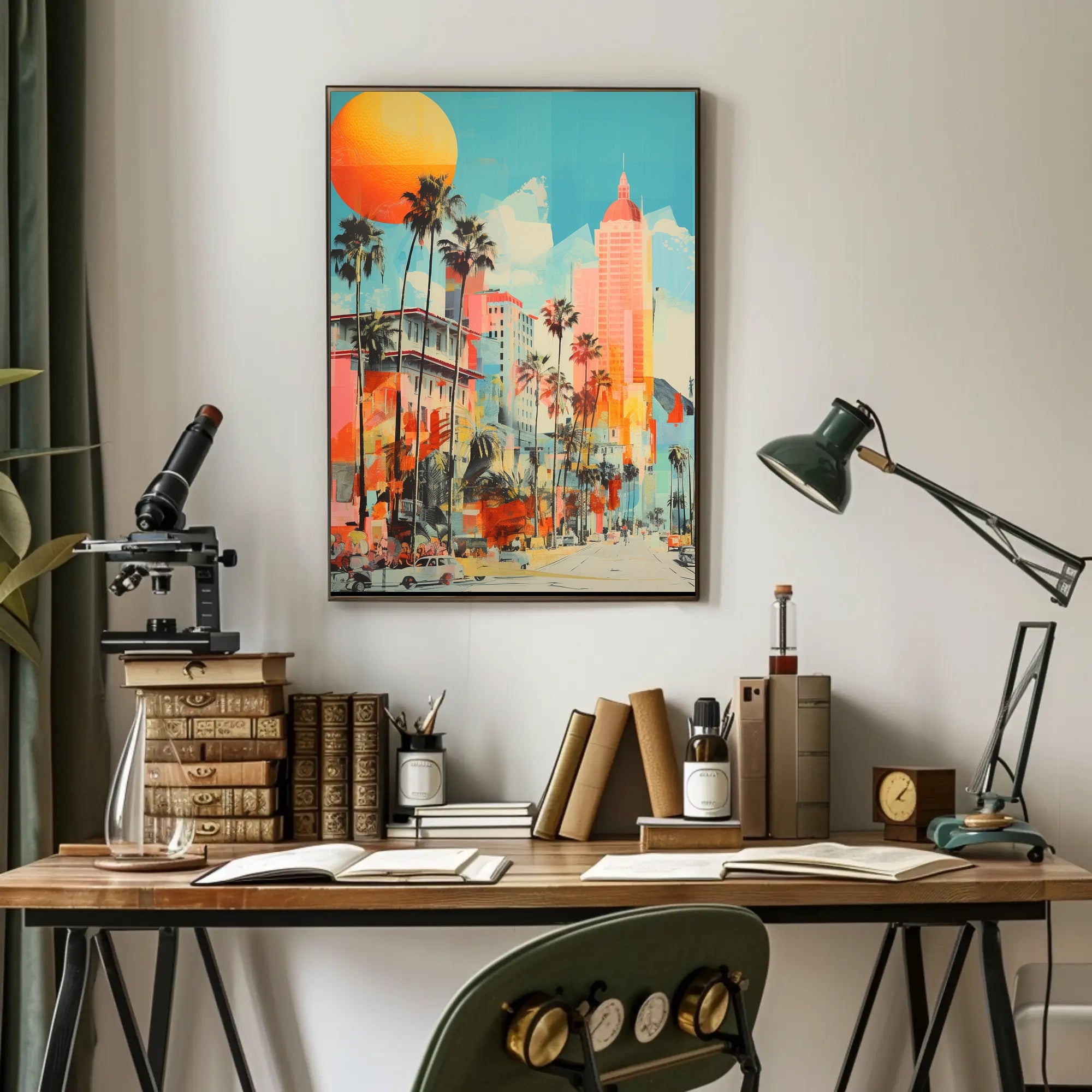 Retro-Modern Urban Scene: Coastal City Artistic Poster