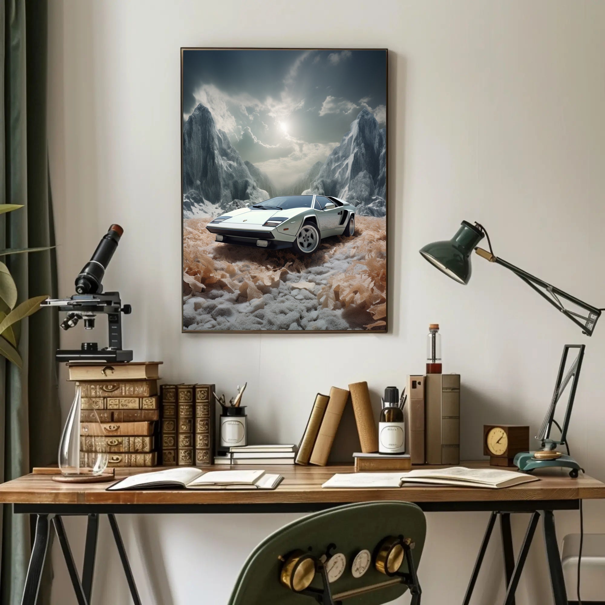 Classic Supercar in a Surreal Landscape Poster PosterGoat