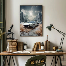Classic Supercar in a Surreal Landscape Poster PosterGoat