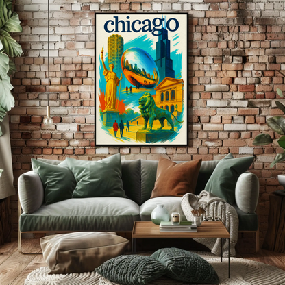 Chicago Lion Bean Willis Art Urban Vintage Travel Poster Wall Art