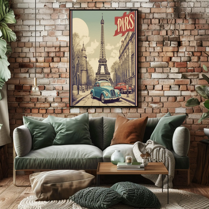 Paris Vintage Poster - Eiffel Tower & Classic Car