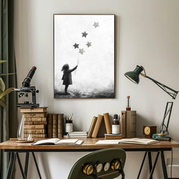 Child Releasing Star Balloons Silhouetted Artwork Poster