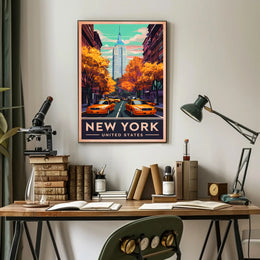 New York City Autumn Scene Poster Vintage Travel Wall Art