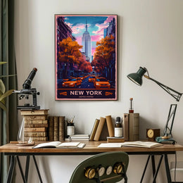New York City in Autumn Cityscape Poster Vintage Wall Art